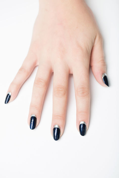 Black Nails With Silver Reverse French Tip Nail Design Idea