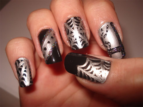 Black Nails With Silver Spider Web Halloween Nail Art