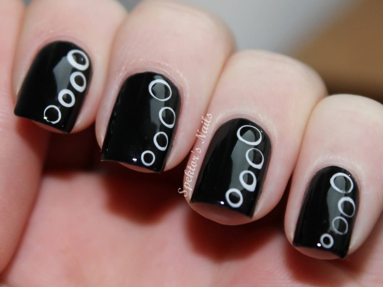 Black Nails With White Polka Dots Nail Art