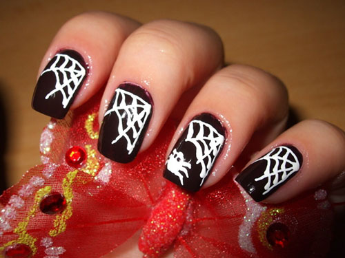 Black Nails With White Spider Web Halloween Nail Art