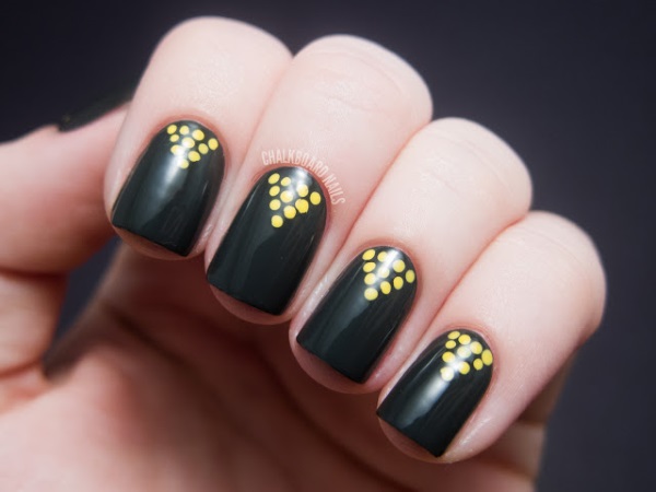 Black Nails With Yellow Polka Dots Triangle Design Nail Art