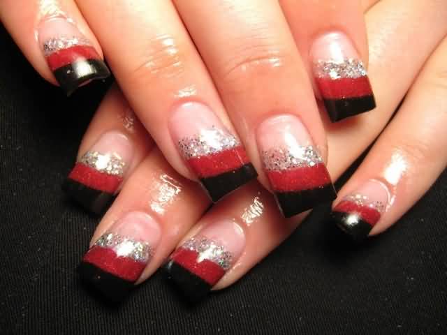 Black Red And Silver French Tip Nail Art Design