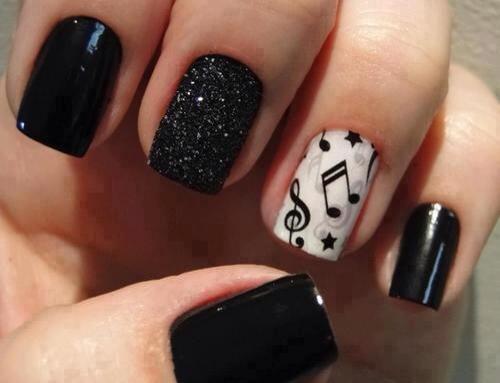 Black Sparkle And Musical Notes Nail Art