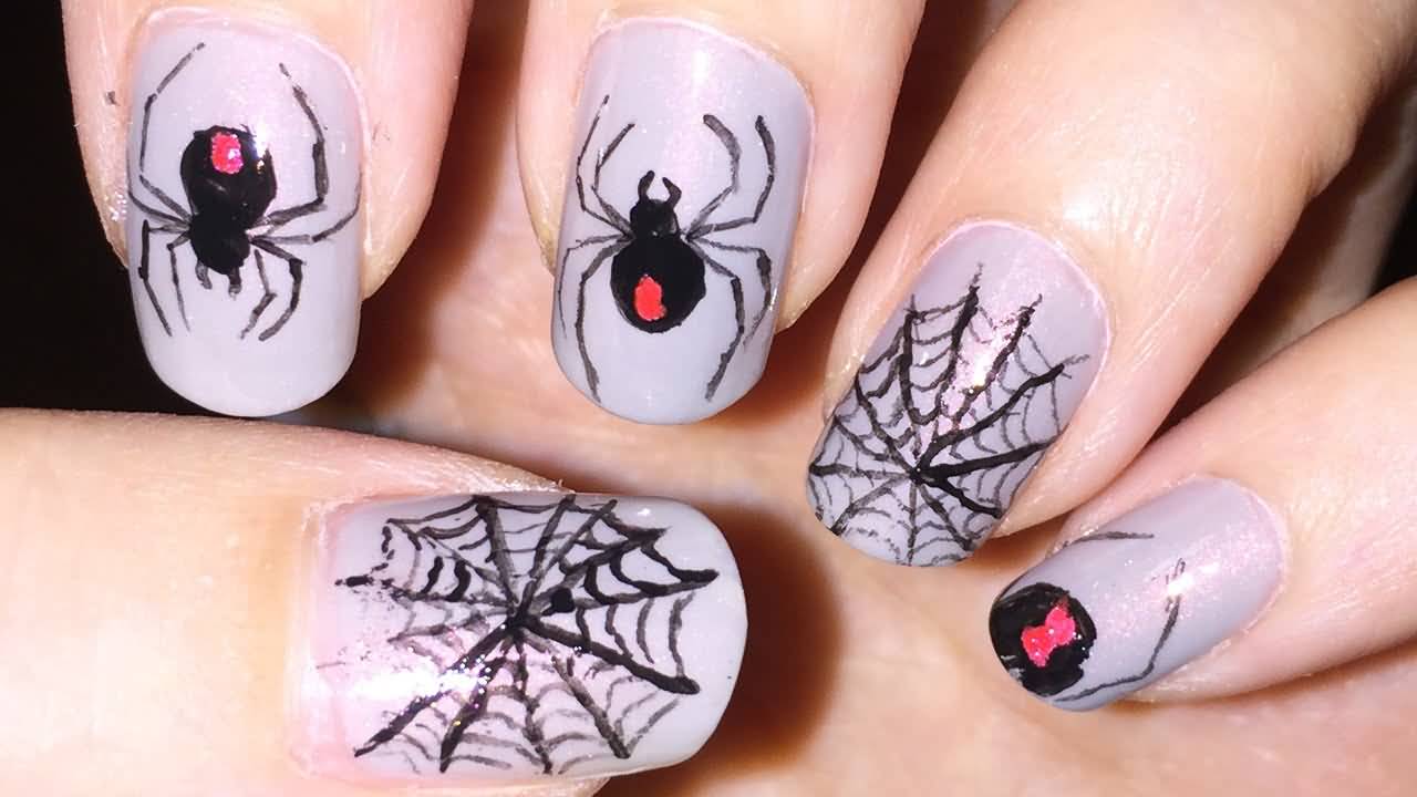 Black Spider And Spider Web Halloween Nail Art Design Idea