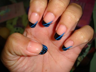 Black Tip Nail Art With Blue Stripes Design Idea