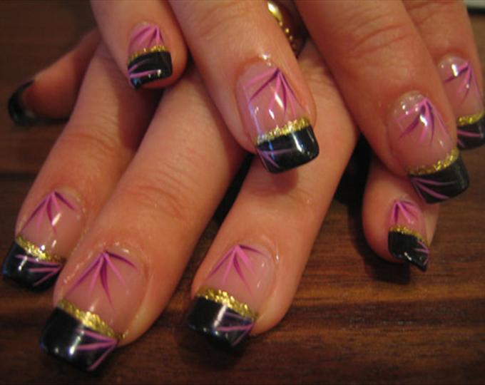 Black Tip Nail Art With Gold Glitter Strip And Purple Flower Design Idea