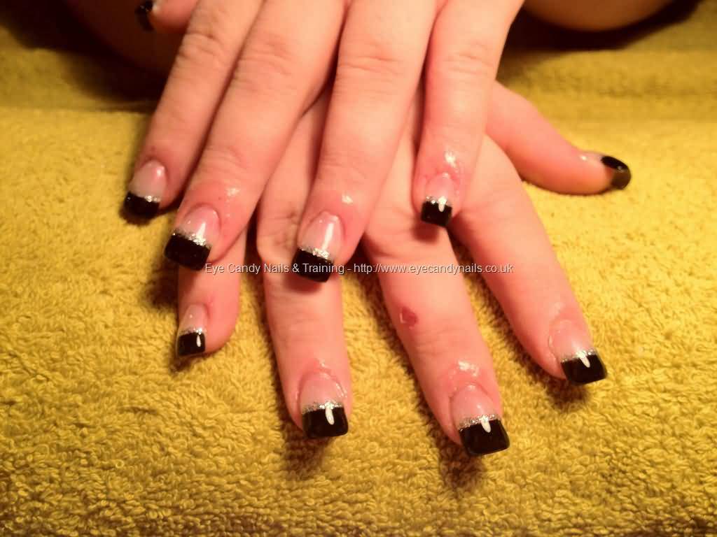Black Tip Nail Art With Silver Glitter Design