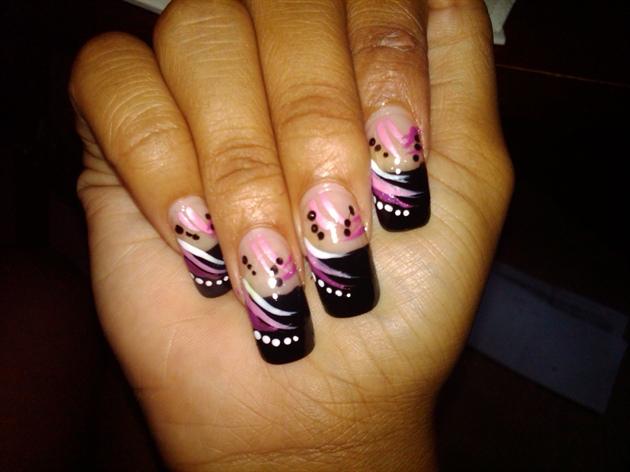 Black Tip Nail Art With White Dots And Purple Stripes Design Idea