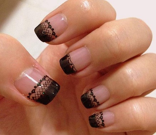 Black Tip Nails With Lace Design Nail Art