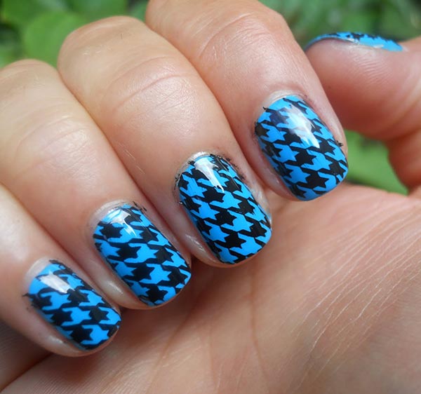Blue And Black Houndstooth Nail Art Design Idea