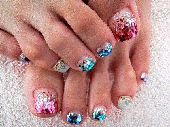 Blue And Pink Glitter Wedding Toe Nail Art
