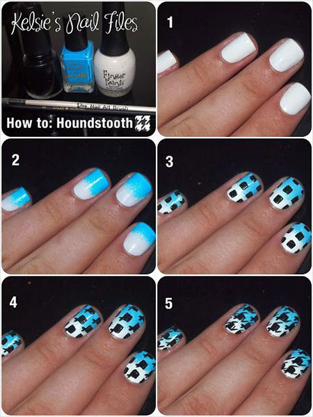 Blue And White Houndstooth Nail Art Tutorial