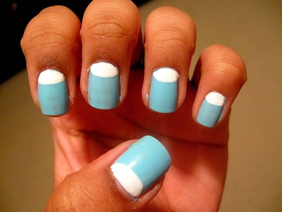 Blue And White Reverse French Tip Nail Design