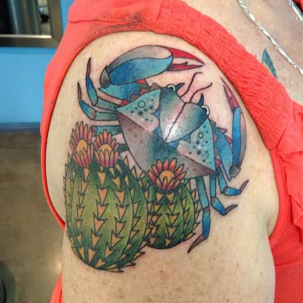 Blue Crab And Barrel Cactus Traditional Tattoo On Right Shoulder