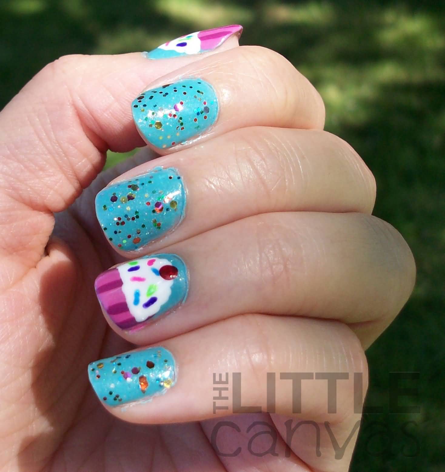 Blue Nails With Accent Cupcake Nail Art