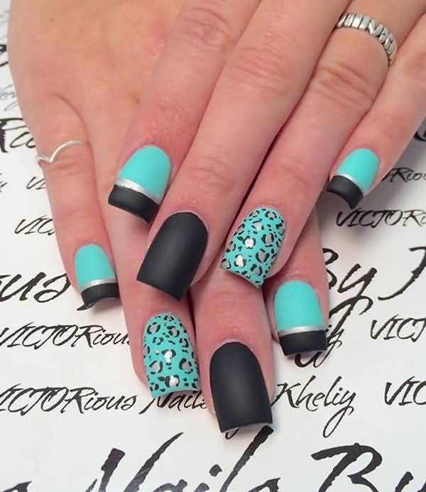 Blue Nails With Black French Tip Accent Nail Art