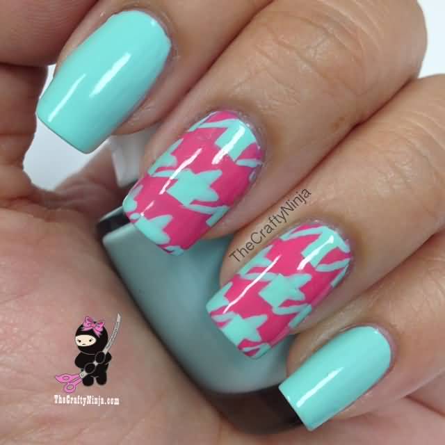 Blue Nails With Pink Houndstooth Nail Art