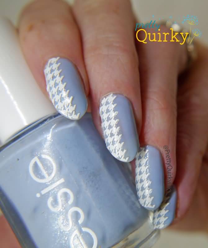 Blue Nails With White Houndstooth Nail Art