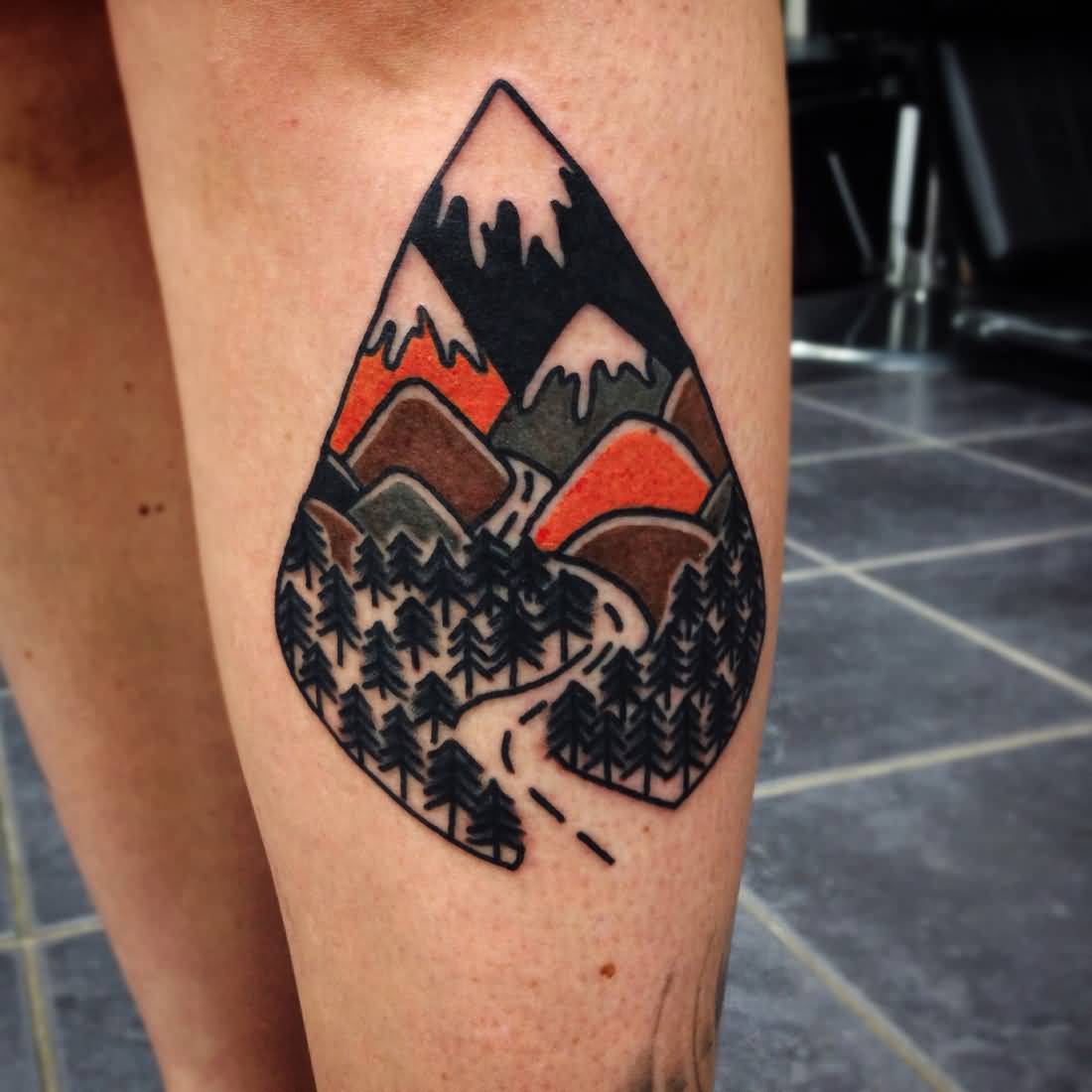 Bold Mountains And Trees Tattoo On Leg