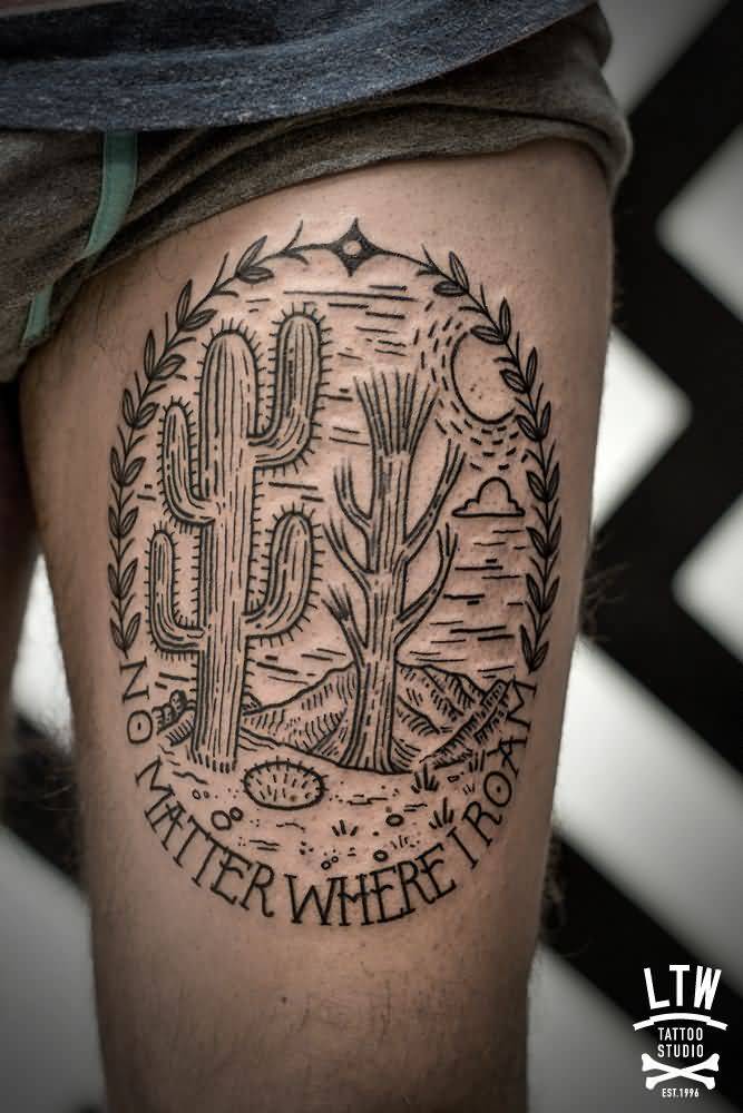 Brilliant Cactus Plants With Mountains In Leaves And Lettering Circle Tattoo