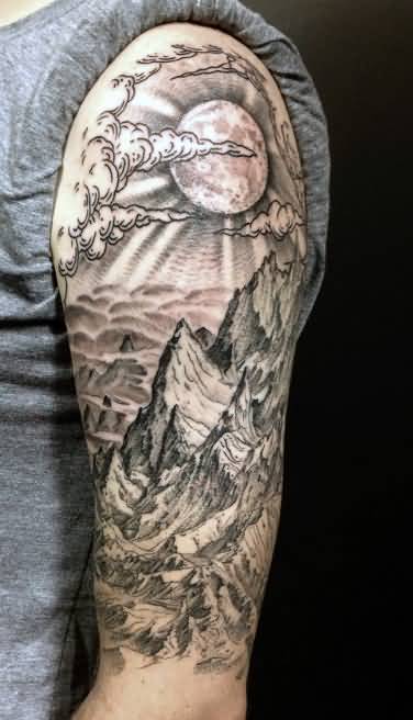 Brilliant Mountains View With Sun Tattoo On Half Sleeve