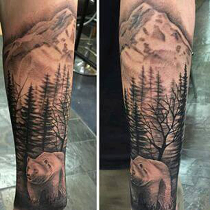 Brilliant Mountains With Bear And Tree Tattoo On Arm Sleeve