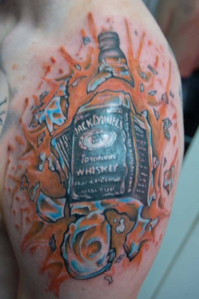 Broken Jack Daniel Bottle With Orange Background Tattoo On Left Shoulder