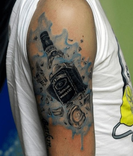 Broken Jack Daniels Bottle With Blue Background Watercolor Tattoo On Half Sleeve