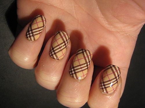 Brown And Red Stripes Burberry Nail Art Design