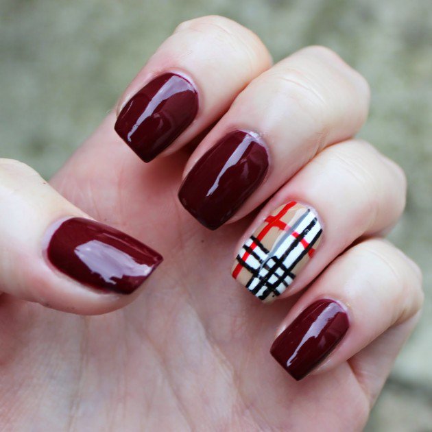 Brown Glossy Nails With Accent Burberry Print Nail Art