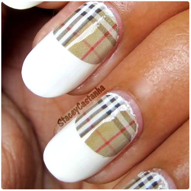Burberry Nail Art With White French Tip Design