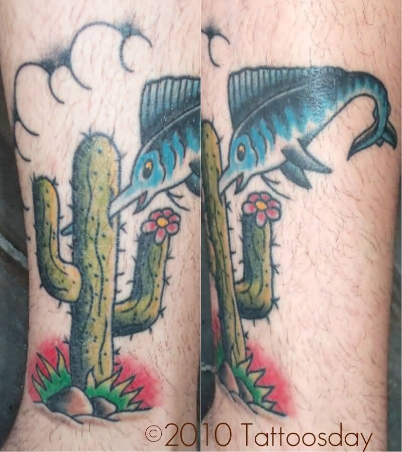 Cactus And Fish Traditional Tattoo