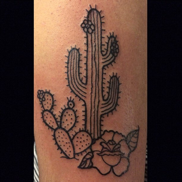 Cactus And Flowers Outline Tattoo