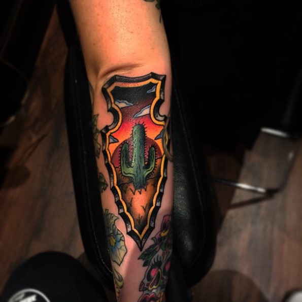 Cactus And Sunset In Arrowhead Shape Tattoo On Arm Sleeve