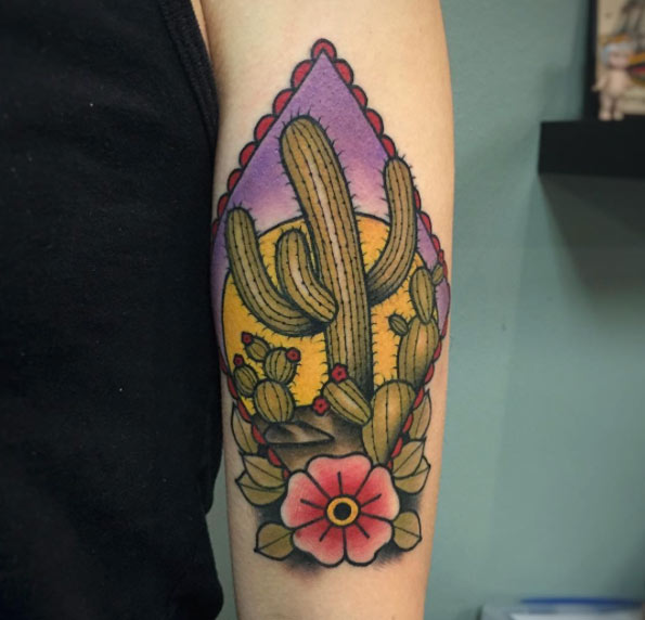 Cactus Flowers In Metric Design Traditional Tattoo On Arm By Abel Sanchez