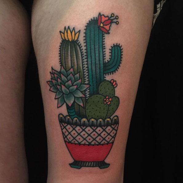Cactus Flowers In Pot Traditional Tattoo By Holly Jade Ashby