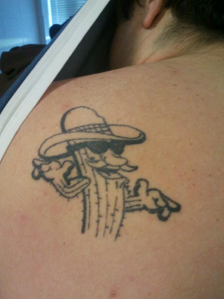 Cactus Having Mustache And googles Tattoo On Left Shoulder