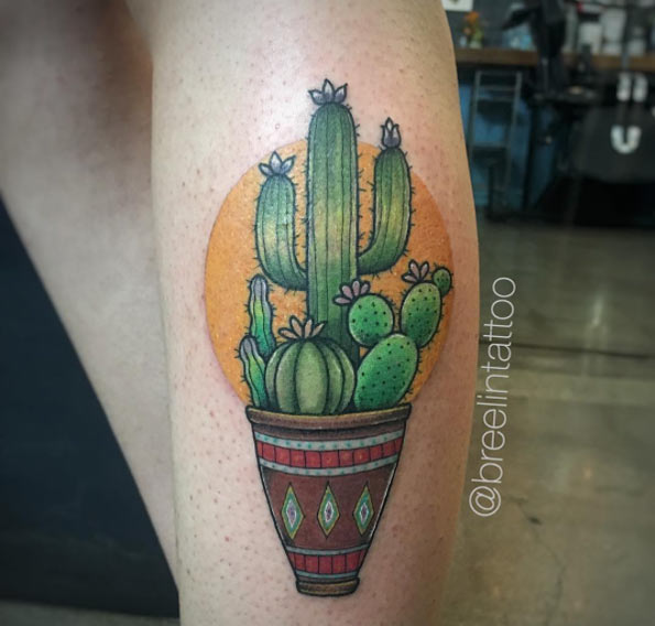 Cactus Plants In Pot With Yellow Sun Traditional Tattoo By Bree Lin