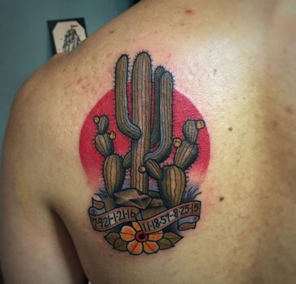 Cactus Plants With Banner And Red Sun Traditional Tattoo On Back Left Shoulder