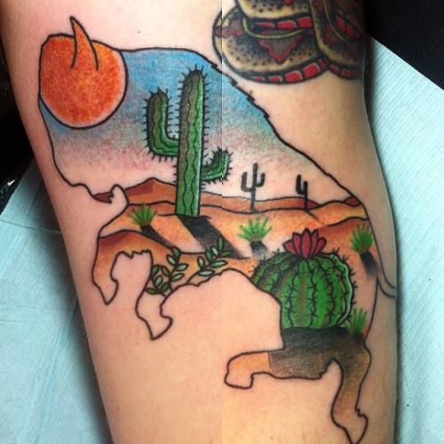 Cactus Plants With Desert In Buffalo Shape Traditional Tattoo