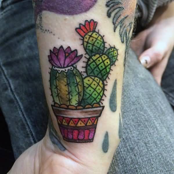 Cactus Plants With Flowers In Pot Tattoo On Wrist For Men
