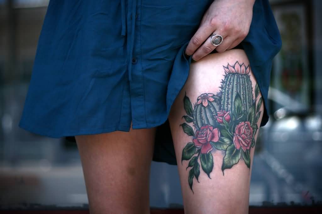 Cactus Plants With Red Roses Traditional Tattoo On Thigh