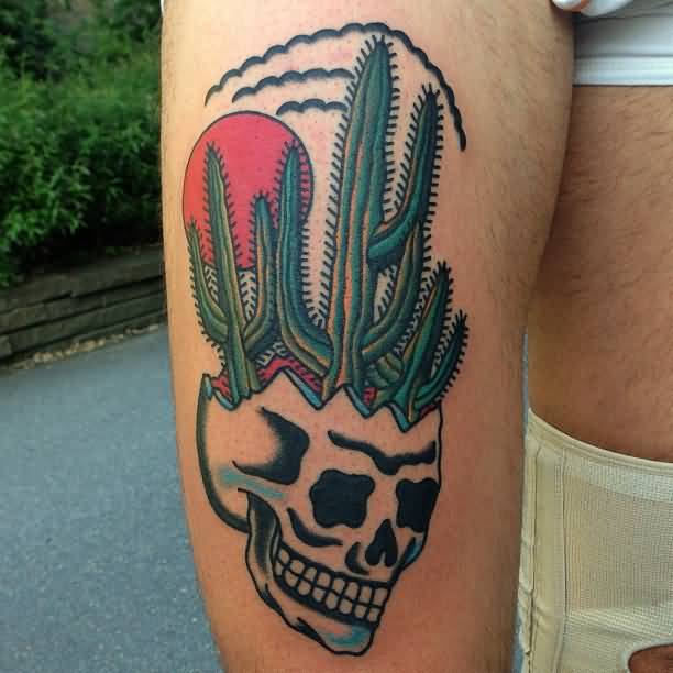 Cactus Skull With Red Moon Traditional Tattoo On Sleeve By Jonas Nyberg