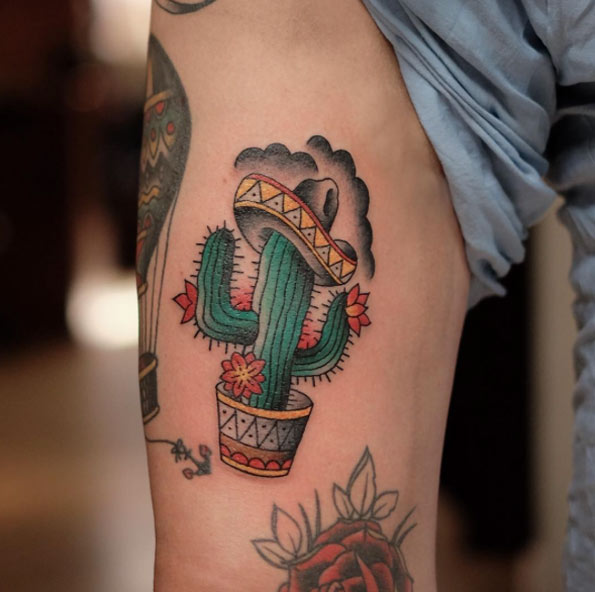 Cactus Wearing Hat And Clouds Traditional Tattoo On Side Rib By Tarlito