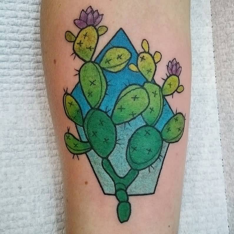 Cactus With Blue Color Design Traditional Tattoo