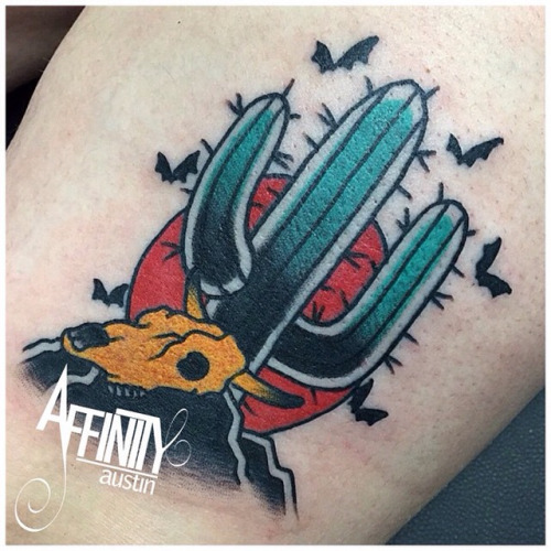 Cactus With Cow Skull And Red Sun Traditional Tattoo By Nic