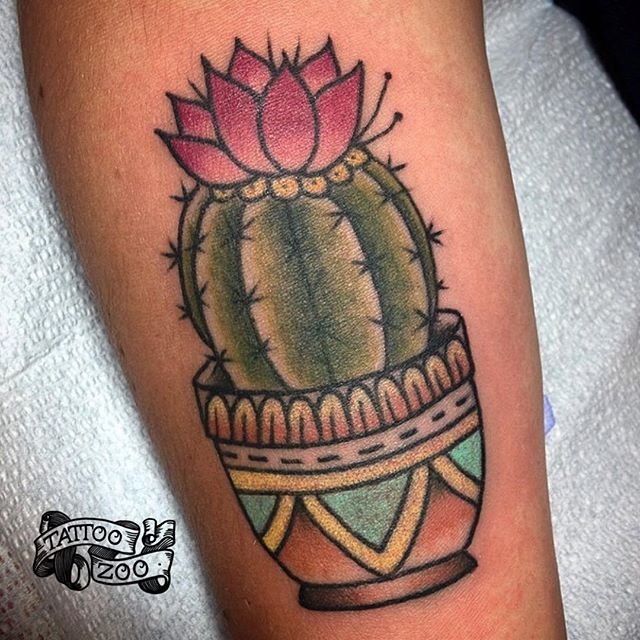 Cactus With Flower In Pot Traditional Tattoo