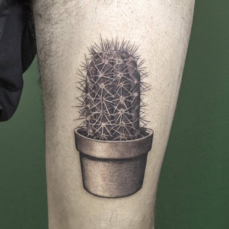 Cactus With Pot Tattoo On Leg