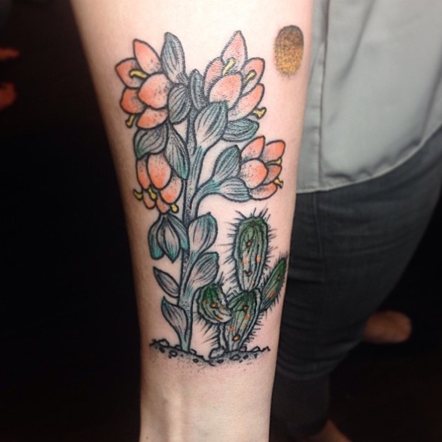 Cactus With Red Flower Tattoo On Forearm