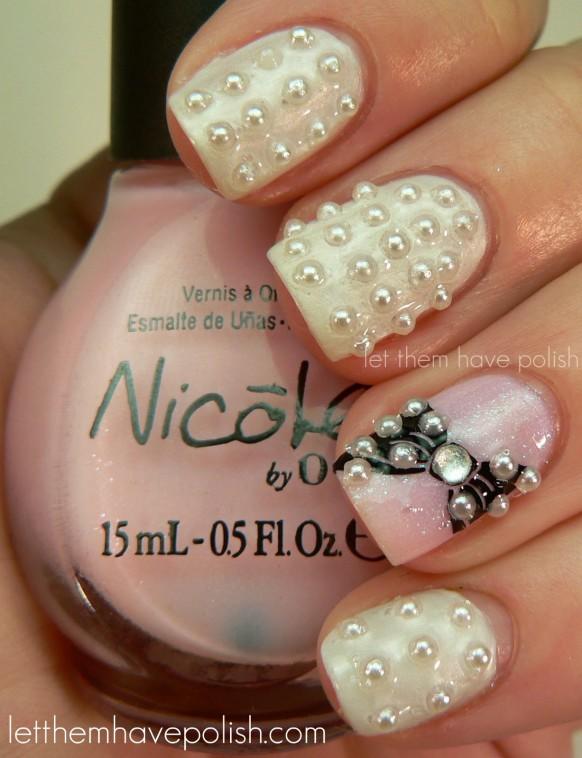 Caviar Beads With Accent Bow Design Wedding Nail Art